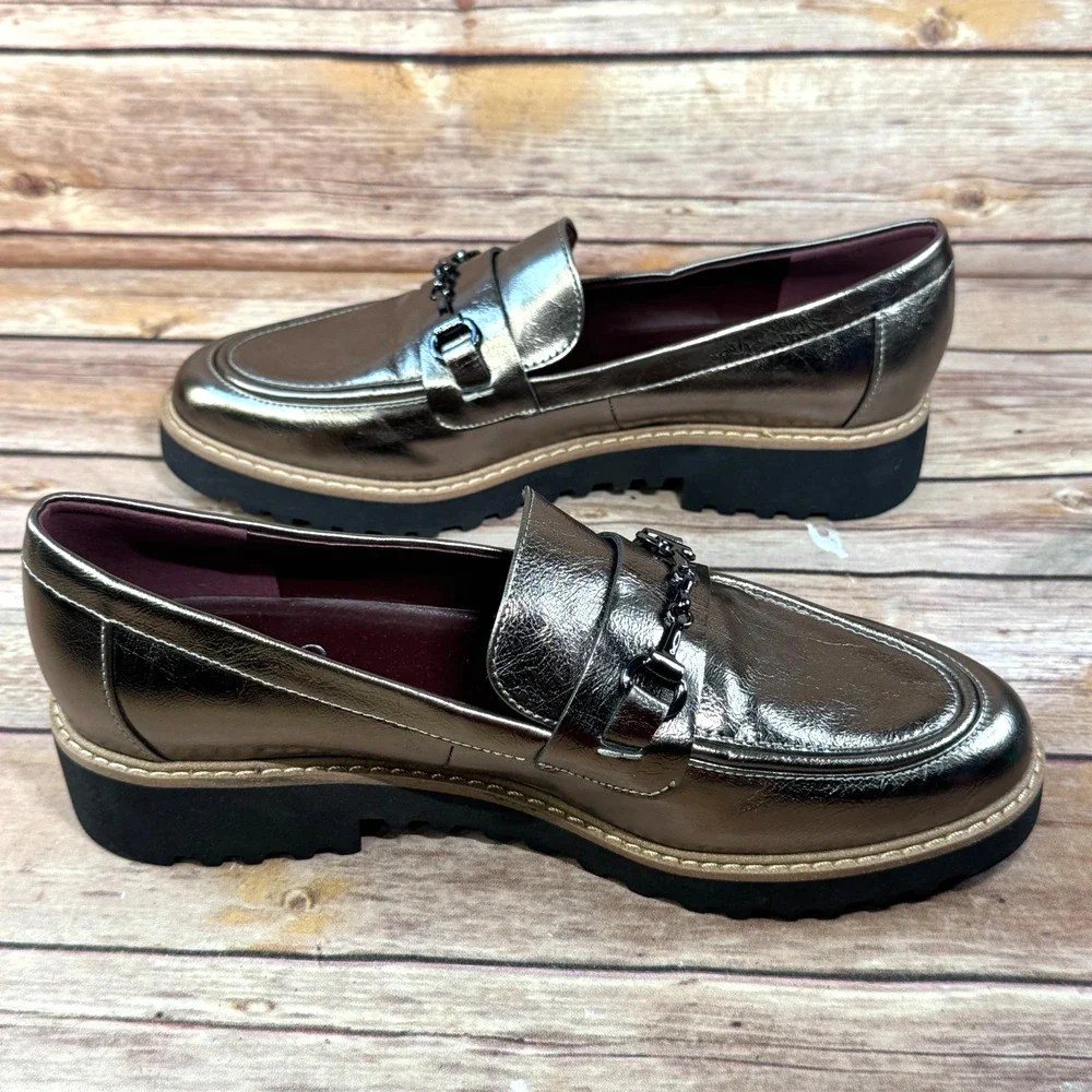 Franco Sarto Womens Metallic Pewter Faux Leather Chunky Sole Colette Loafers 7M